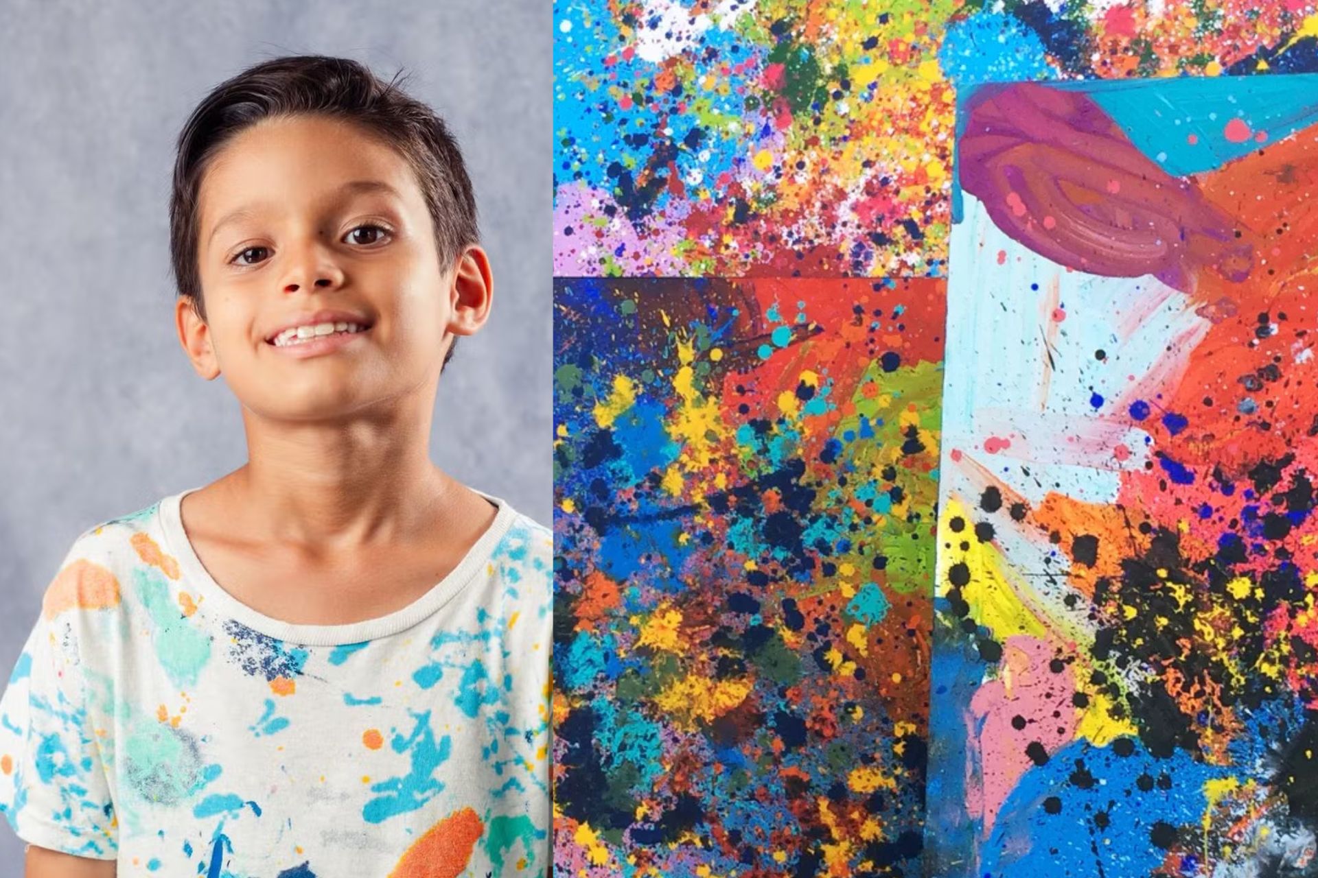 Mateus Rosa, menino paraibano de 9 anos, posa diante de suas pinturas que serão exibidas no Louvre